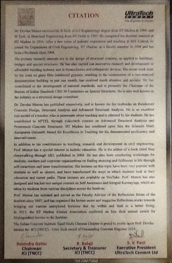 ICI Tamilnadu Chennai Chapter's 'Ultra Tech Award'